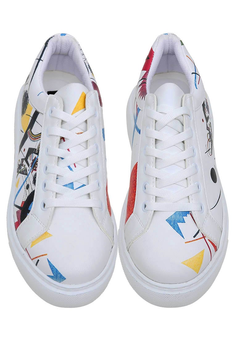 White sneakers with colorful abstract patterns on a white background