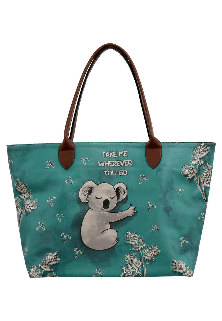 Women Vegan Leather Green Shoulder Bag - Koala Hug Design