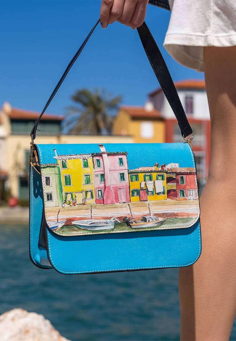 Women Vegan Leather Blue Purse - Burano Island Design