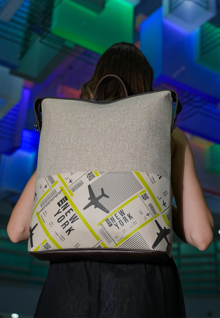 Unisex Vegan Gray Backpack - New York Ticket Design