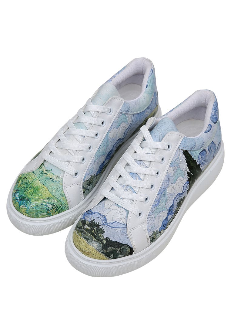 Women Vegan Leather White Sneakers - Vincent van Gogh A Wheat Field with Cypresses Design