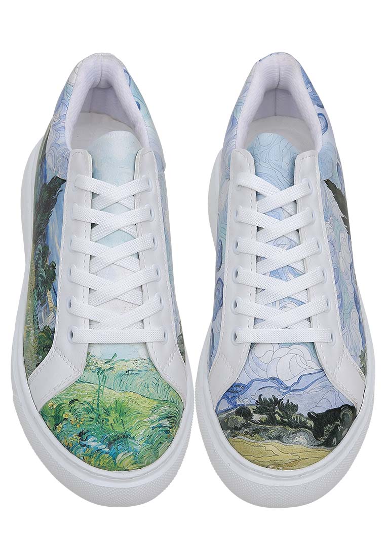 Women Vegan Leather White Sneakers - Vincent van Gogh A Wheat Field with Cypresses Design