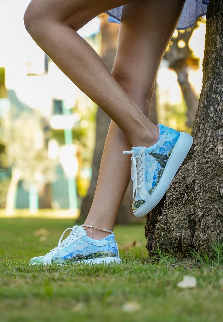 Women Vegan Leather White Sneakers - Vincent van Gogh A Wheat Field with Cypresses Design