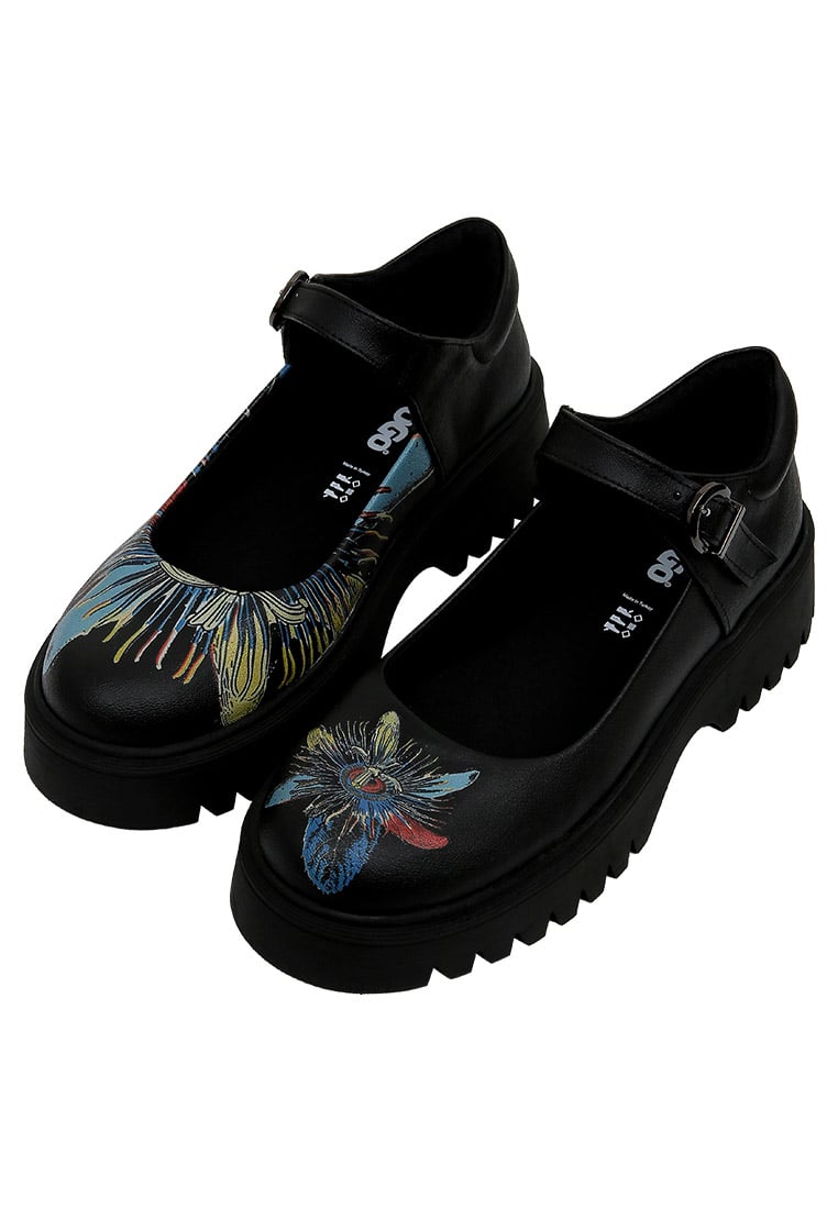 Women Vegan Leather Black Mary Jane Loafer - Passion Flower Design
