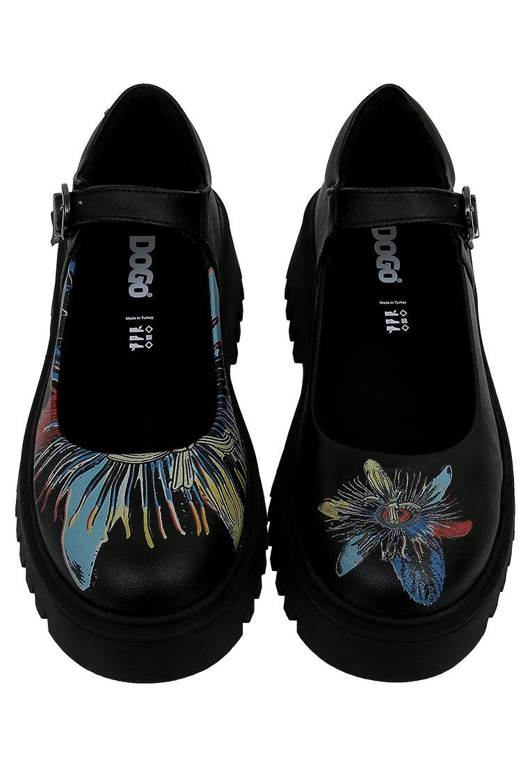 Women Vegan Leather Black Mary Jane Loafer - Passion Flower Design