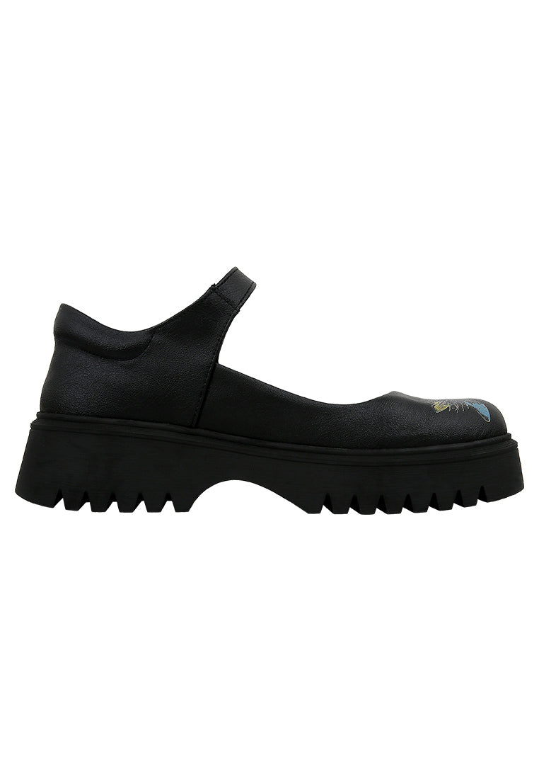 Women Vegan Leather Black Mary Jane Loafer - Passion Flower Design