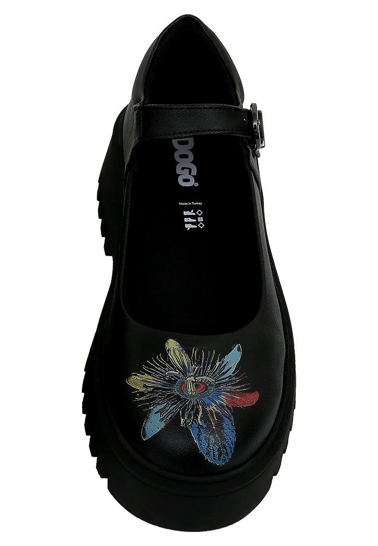 Women Vegan Leather Black Mary Jane Loafer - Passion Flower Design