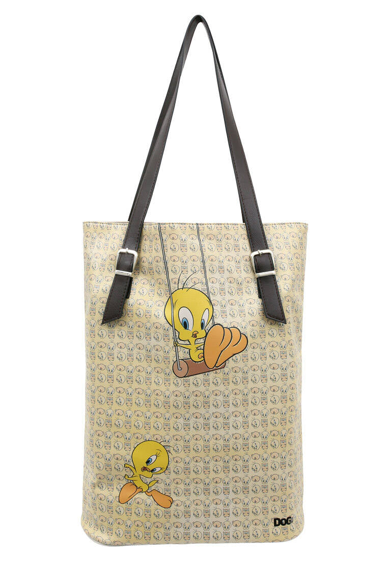 Women Vegan Leather Cream Shoulder Bag - Warner Bros Tweety Moods Design