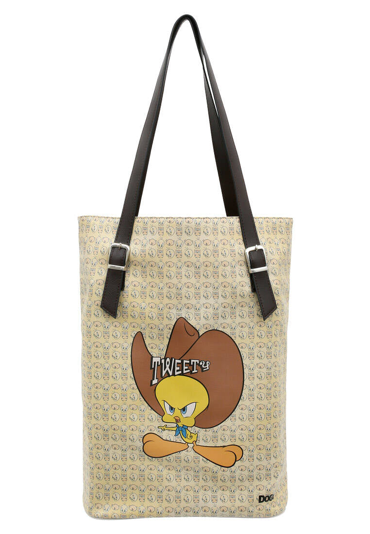 Women Vegan Leather Cream Shoulder Bag - Warner Bros Tweety Moods Design