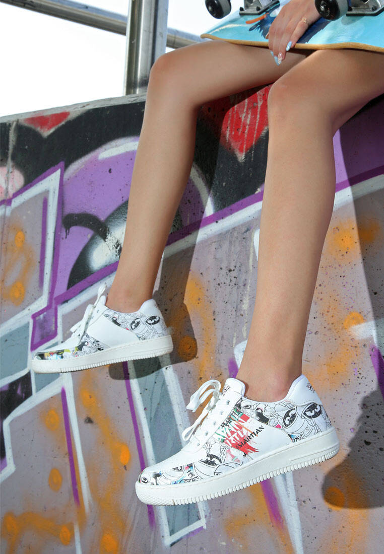 Women Vegan Leather White Sneakers - Warner Bros Marvin the Martian Stencil Design