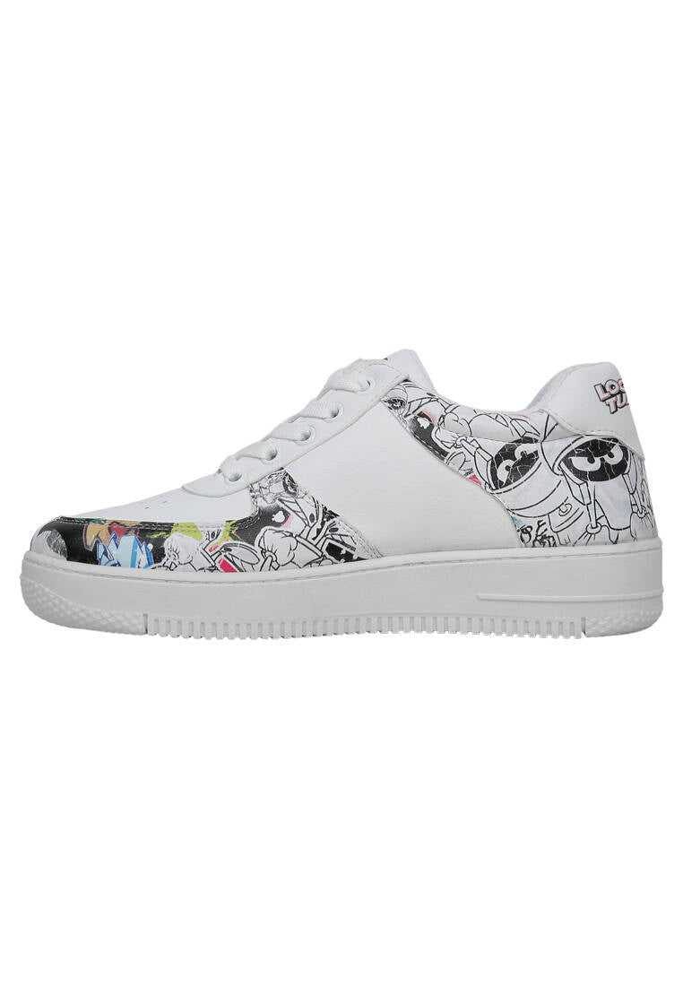 Women Vegan Leather White Sneakers - Warner Bros Marvin the Martian Stencil Design