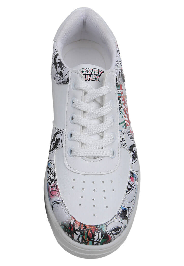 Women Vegan Leather White Sneakers - Warner Bros Marvin the Martian Stencil Design