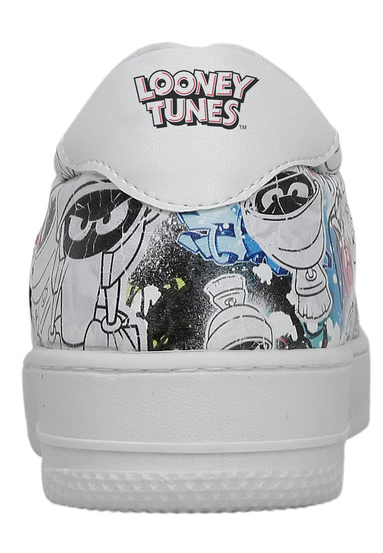 Women Vegan Leather White Sneakers - Warner Bros Marvin the Martian Stencil Design