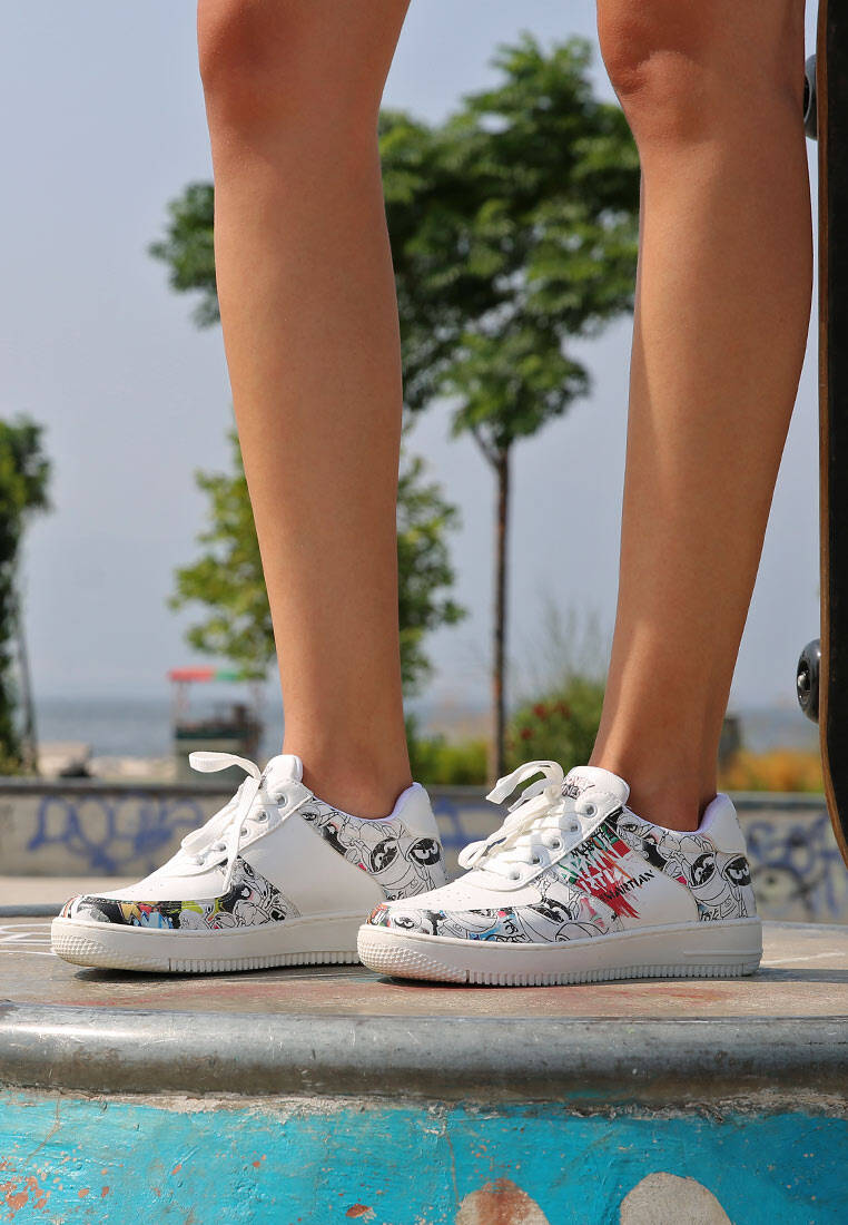 Women Vegan Leather White Sneakers - Warner Bros Marvin the Martian Stencil Design