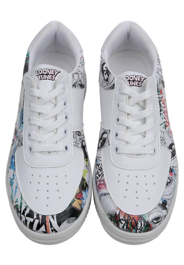Women Vegan Leather White Sneakers - Warner Bros Marvin the Martian Stencil Design