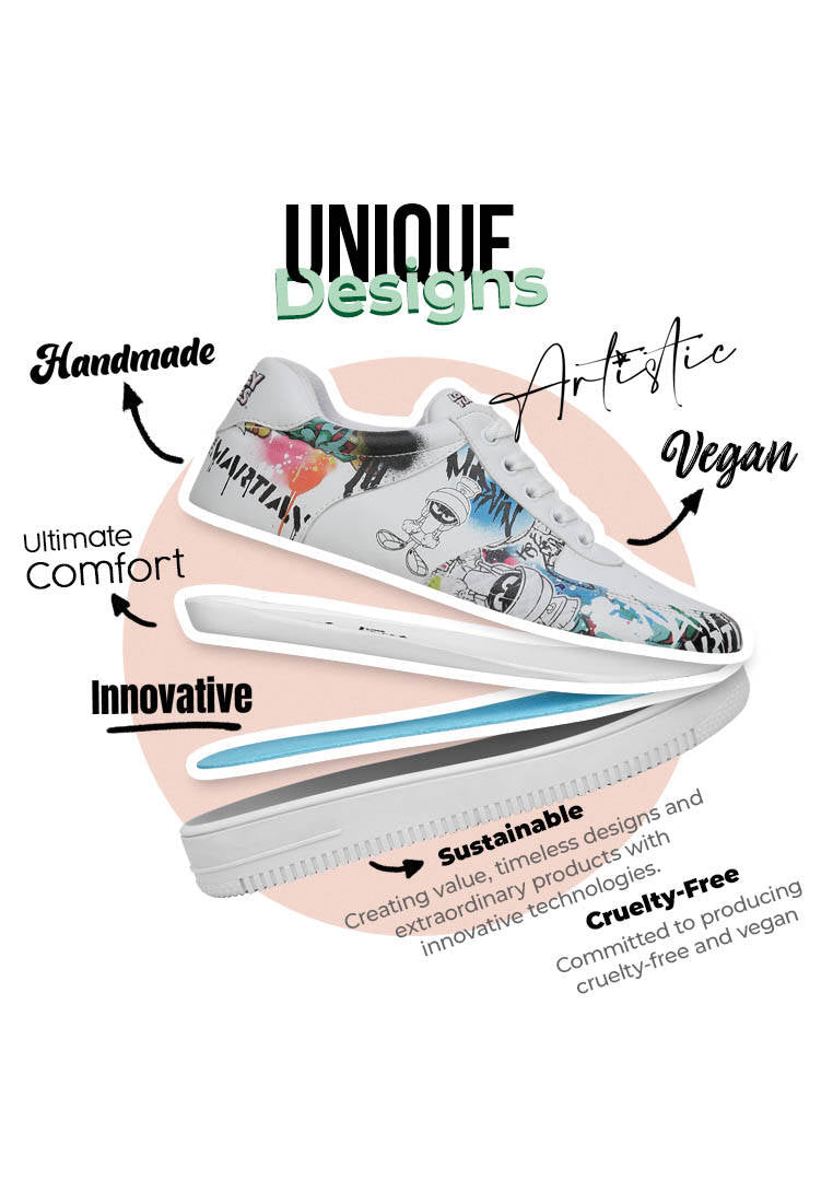 Women Vegan Leather White Sneakers - Warner Bros Marvin the Martian Stencil Design