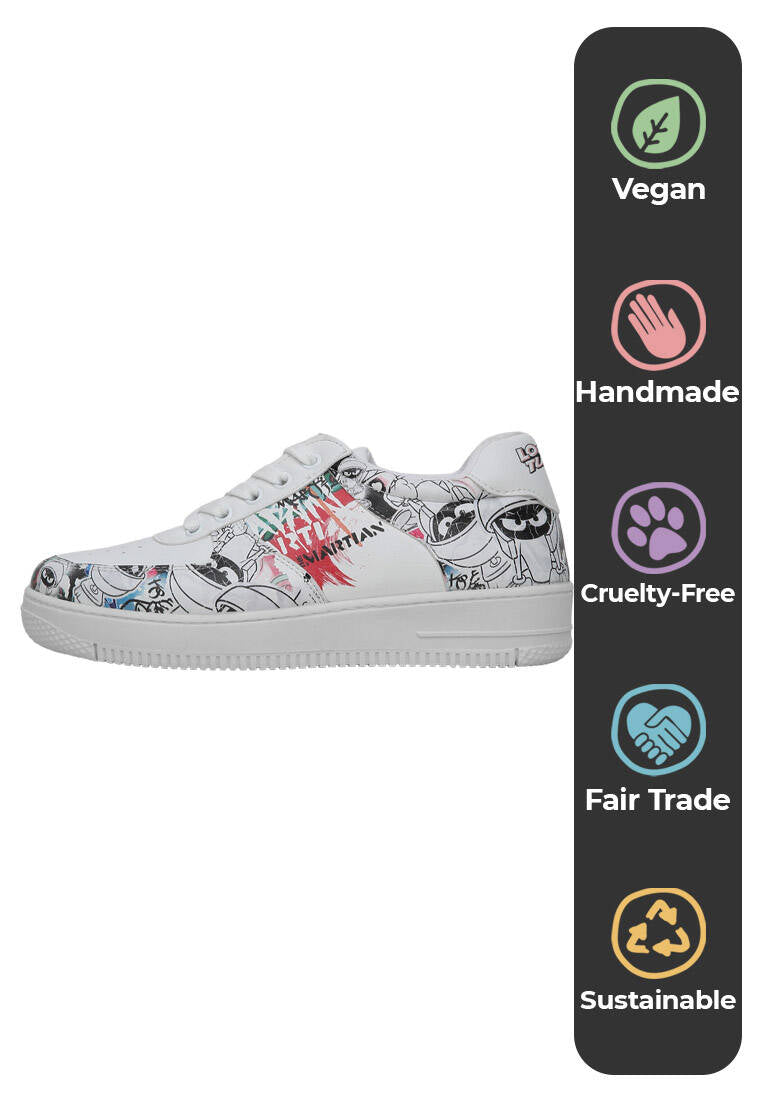 Women Vegan Leather White Sneakers - Warner Bros Marvin the Martian Stencil Design