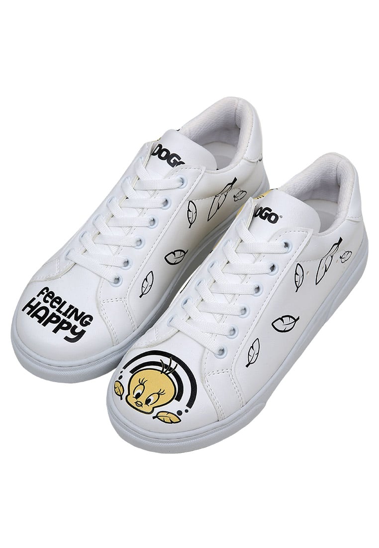 Women Vegan Leather White Sneakers - Warner Bros Feeling Happy Design