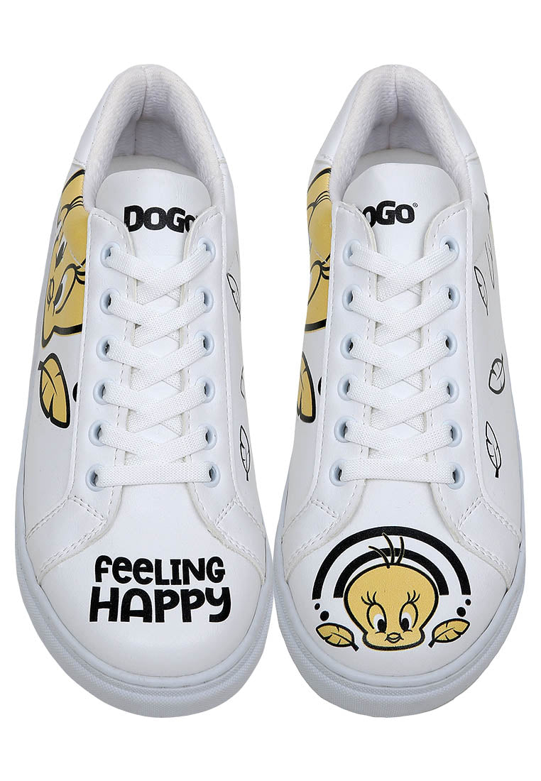 Women Vegan Leather White Sneakers - Warner Bros Feeling Happy Design