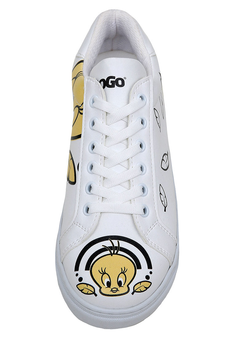 Women Vegan Leather White Sneakers - Warner Bros Feeling Happy Design