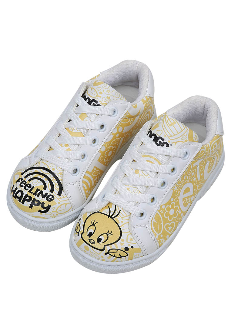 Unisex Kids Vegan Leather White Sneakers - Warner Bros Feeling-Happy Design