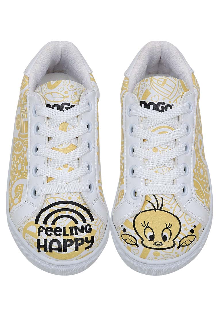 Unisex Kids Vegan Leather White Sneakers - Warner Bros Feeling-Happy Design